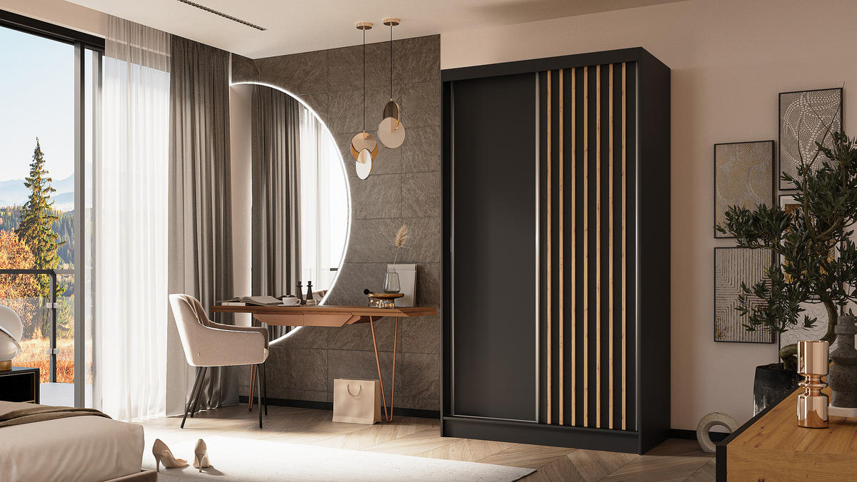 KLEIDERSCHRANK mit furnierten Schiebetüren und Aluminium-Leisten, LED-Beleuchtung - LABELO - 120 cm Schwarz+Schwarz+Artisan - Schwarz/Eiche Artisan, Holzwerkstoff (120/216/61cm) - ALTDECOR