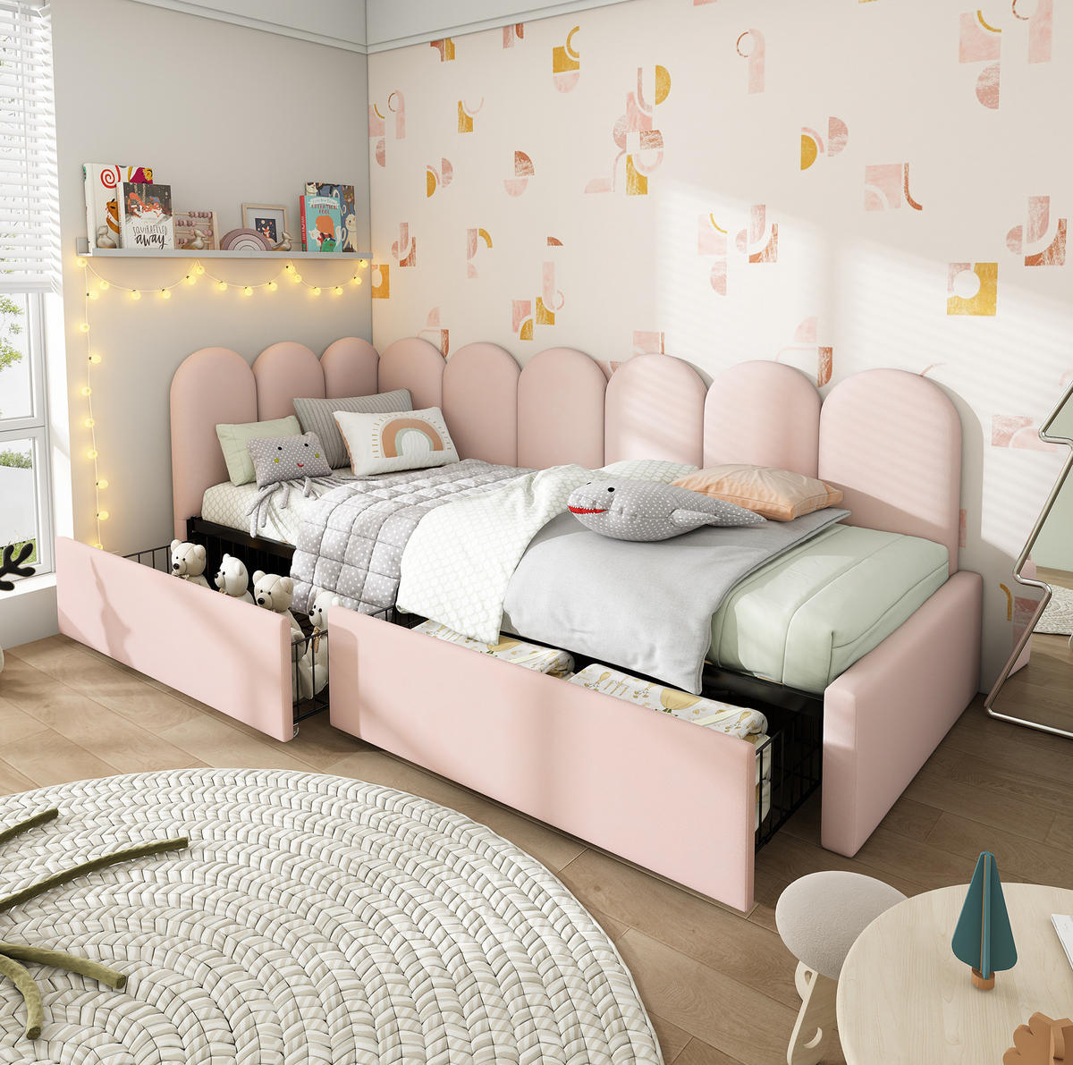 KINDERBETT Polsterbett 90/200 cm aus Samt mit 2 Schubladen und austauschbaren Seitenteilen Rosa - Rosa, Textil (90/200cm) - Modenvie