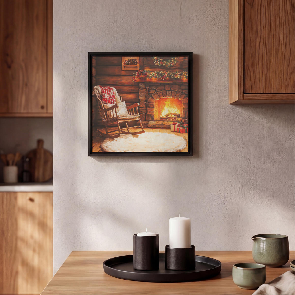 LEINWAND Bilder mit Rahmen - Winter - Weihnachten - Zuhause - Kamin - 20x20 - Bernsteinfarben, Textil (20/20cm) - MuchoWow