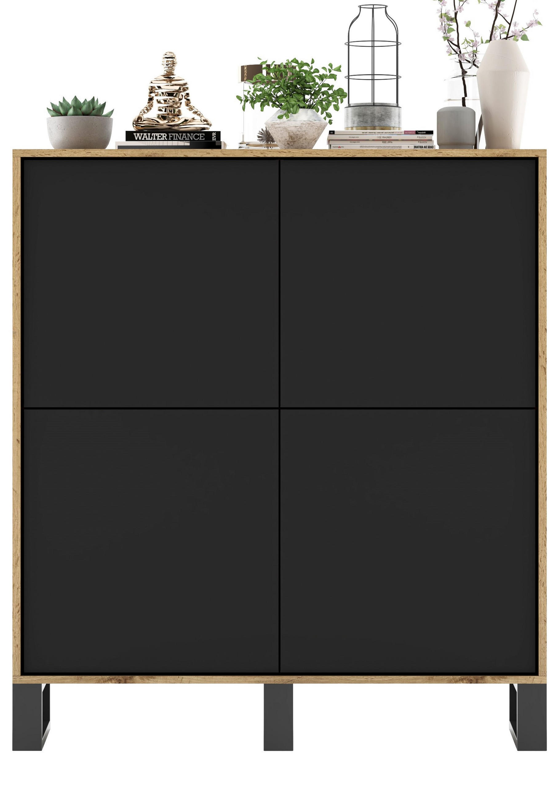 KOMMODE Apollo 4D Eiche wotan Schwarz Matt mit metallbeinen 113 cm - Schwarz, Holzwerkstoff/Metall (113/127/35cm) - Meble Lindner