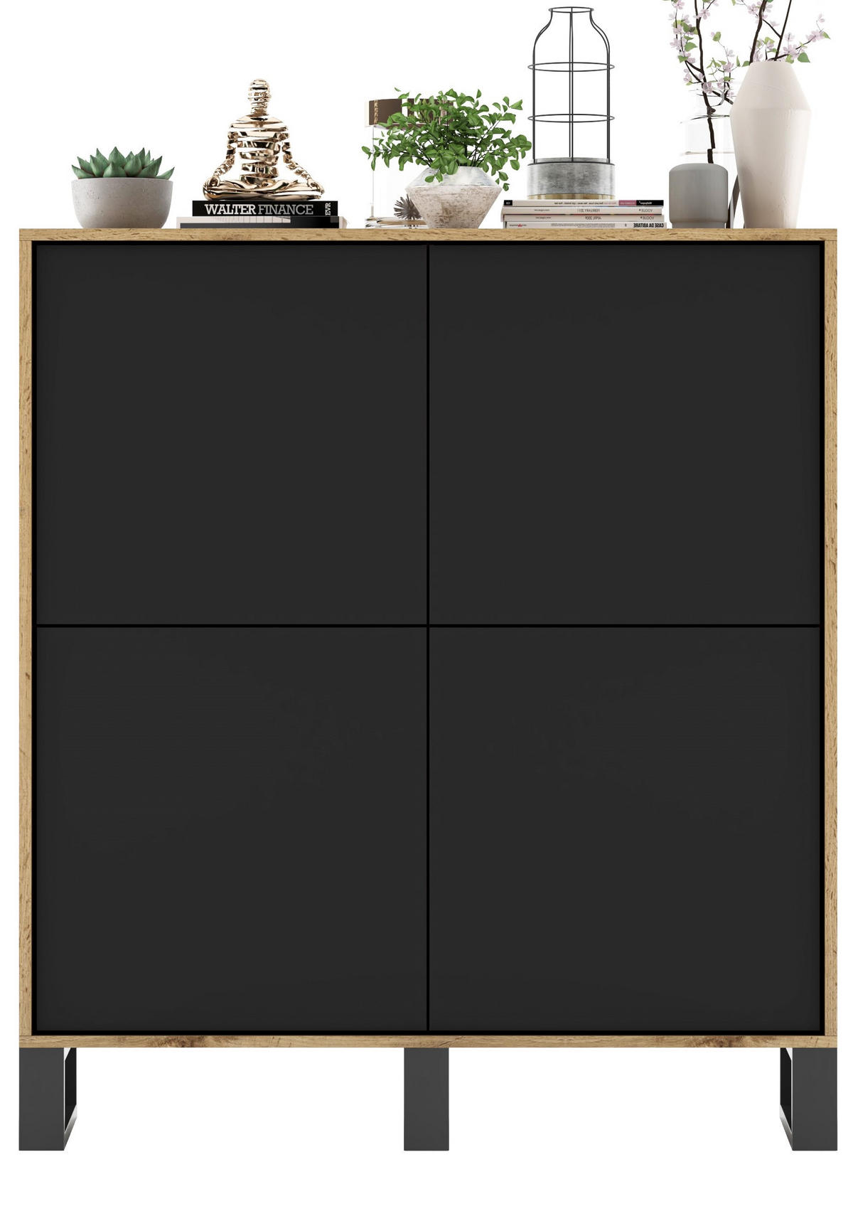 KOMMODE Apollo 4D Eiche wotan Schwarz Matt mit metallbeinen 113 cm - Schwarz, Holzwerkstoff/Metall (113/127/35cm) - Meble Lindner