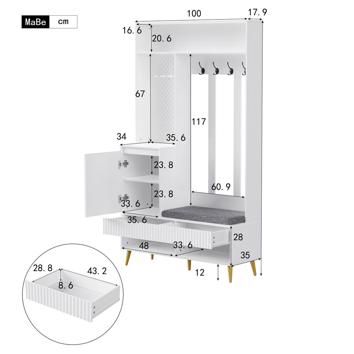 GARDEROBENSET 35/100/180 cm aus MDF mit Sitzbank, 2 Schubladen, Schrank und 4 Haken, Weiß - Weiß, Holzwerkstoff (100/180/35cm) - Redom