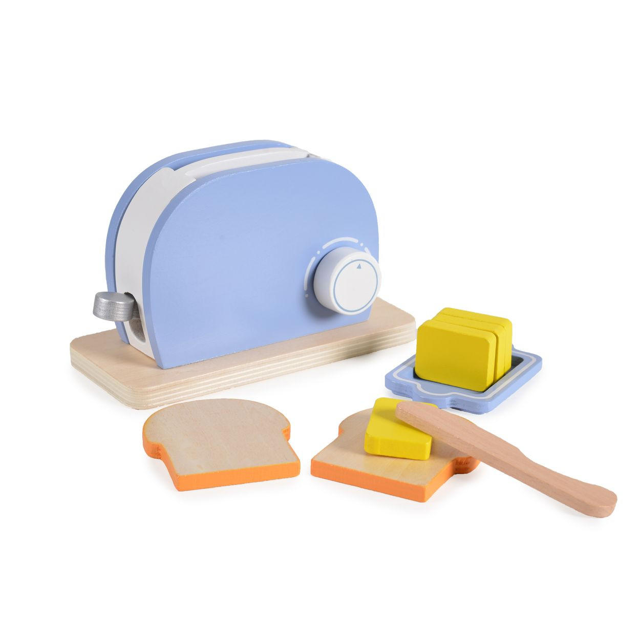 SPIELZEUG-KÜCHENGERÄT 4341 hellblau Toaster, Holz, Drehknopf, Kippschalter, Toastscheiben, Butterstücke - Blau, Holz (8/9/15cm) - Moni