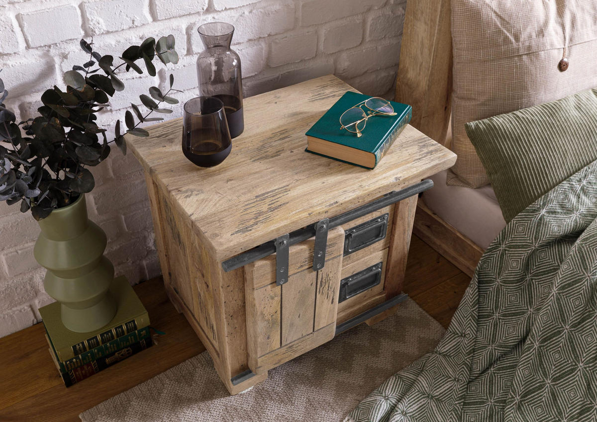NACHTTISCH Mango 50x40x45 whitewash lackiert RAILWAY #3012 - Beige, Holz (50/45/40cm) - Massivmoebel24