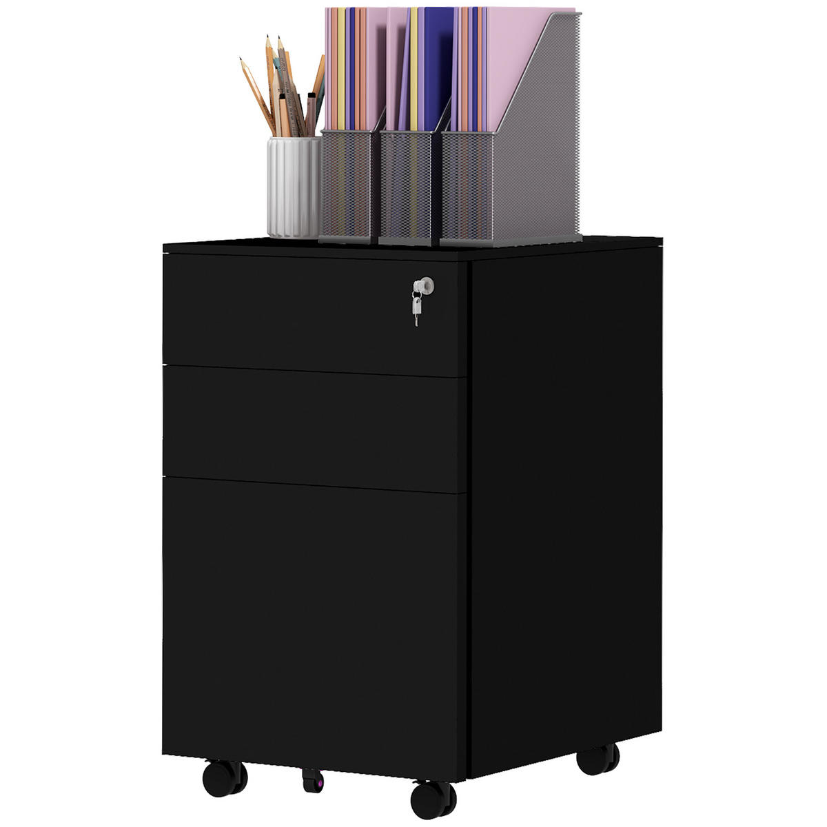 ROLLCONTAINER DE-09975 3 Schubladen, abschließbar, rollbar Schwarz - Schwarz, Metall (43.5/60/37cm) - ComfortXL