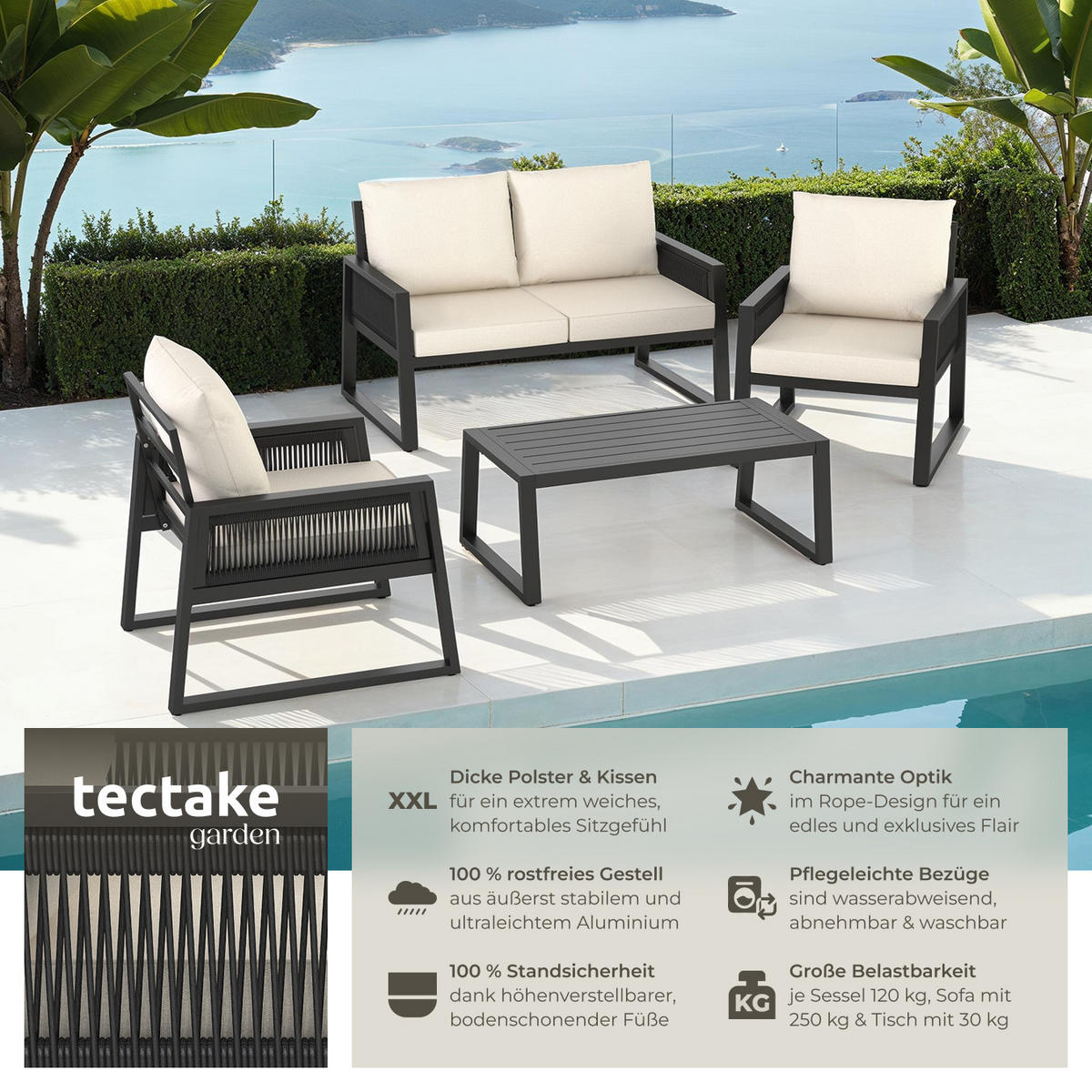 GARTEN-LOUNGE SET Captive,Tisch mit Lamellenmuster,anthrazit - Anthrazit, Kunststoff/Metall - tectake