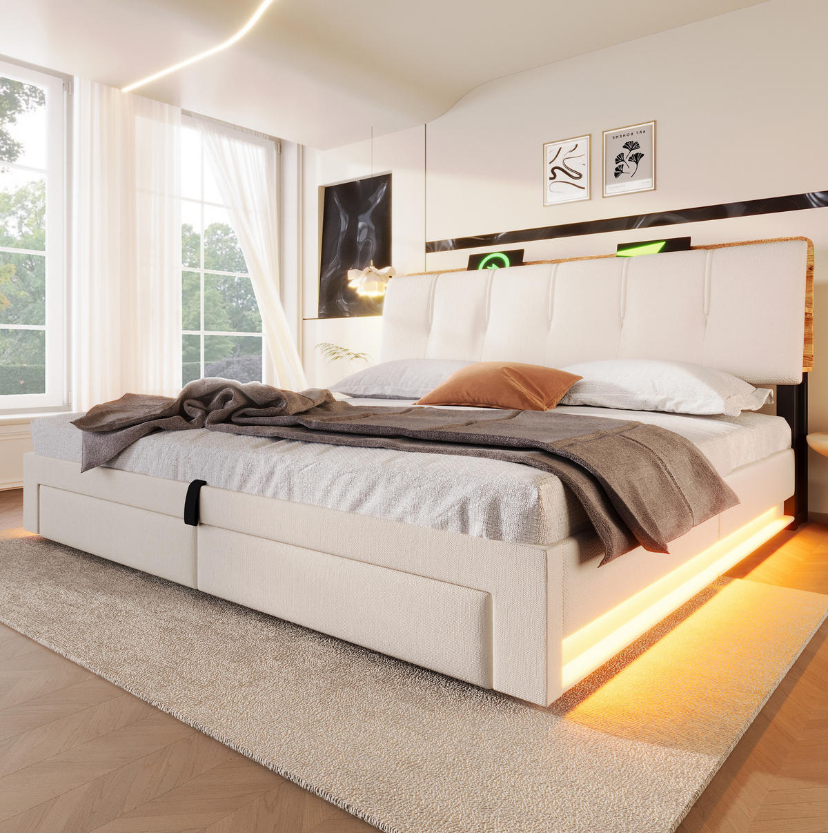 POLSTERBETT 180/200 cm mit USB-, Typ-C-Anschluss, LED und hydraulischem Stauraum, Leinen, Beige - Beige, Textil (180/200cm) - Redom
