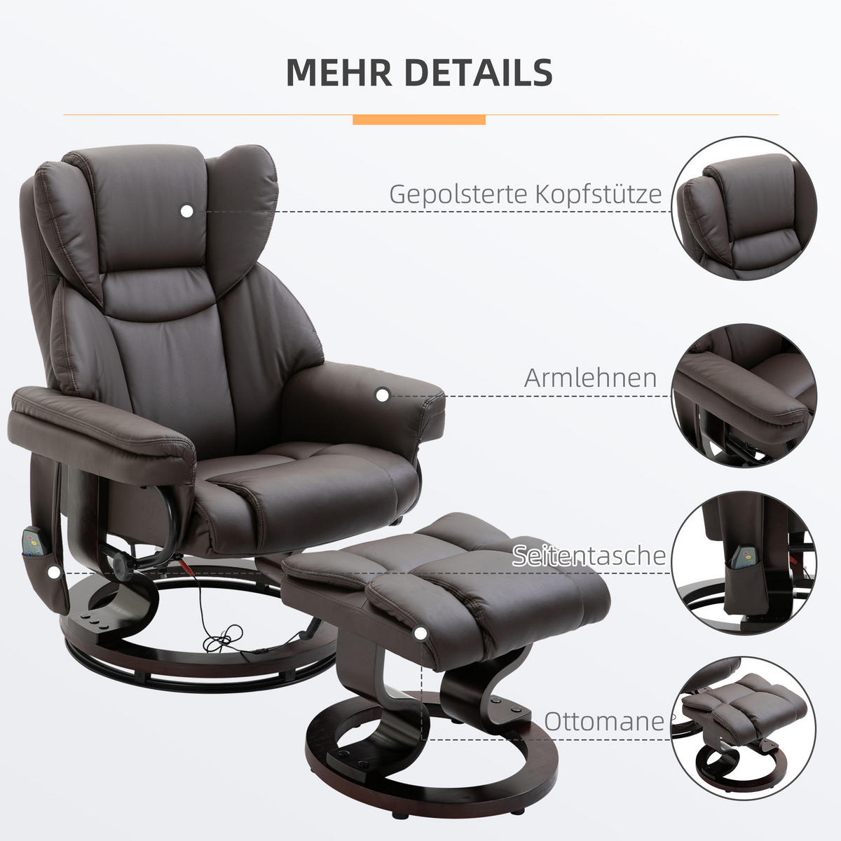 RELAXSESSEL Massagesessel mit Fußhocker Liegefunktion Braun 79 x 82 x 101 cm - Braun, Holz/Metall (82/101/79cm) - HOMCOM