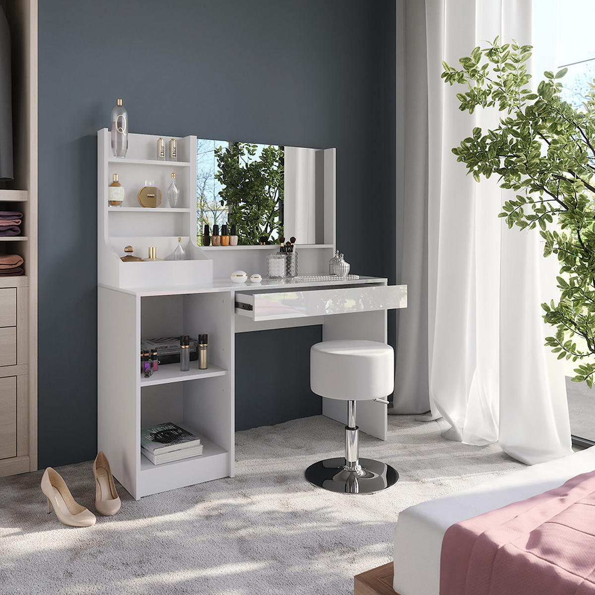 SCHMINKTISCH Sherry Weiß/Weiß Hochglanz 119.8 cm 4 Teile - Weiß Hochglanz, Holzwerkstoff (119.8/76/50.1cm) - Vicco