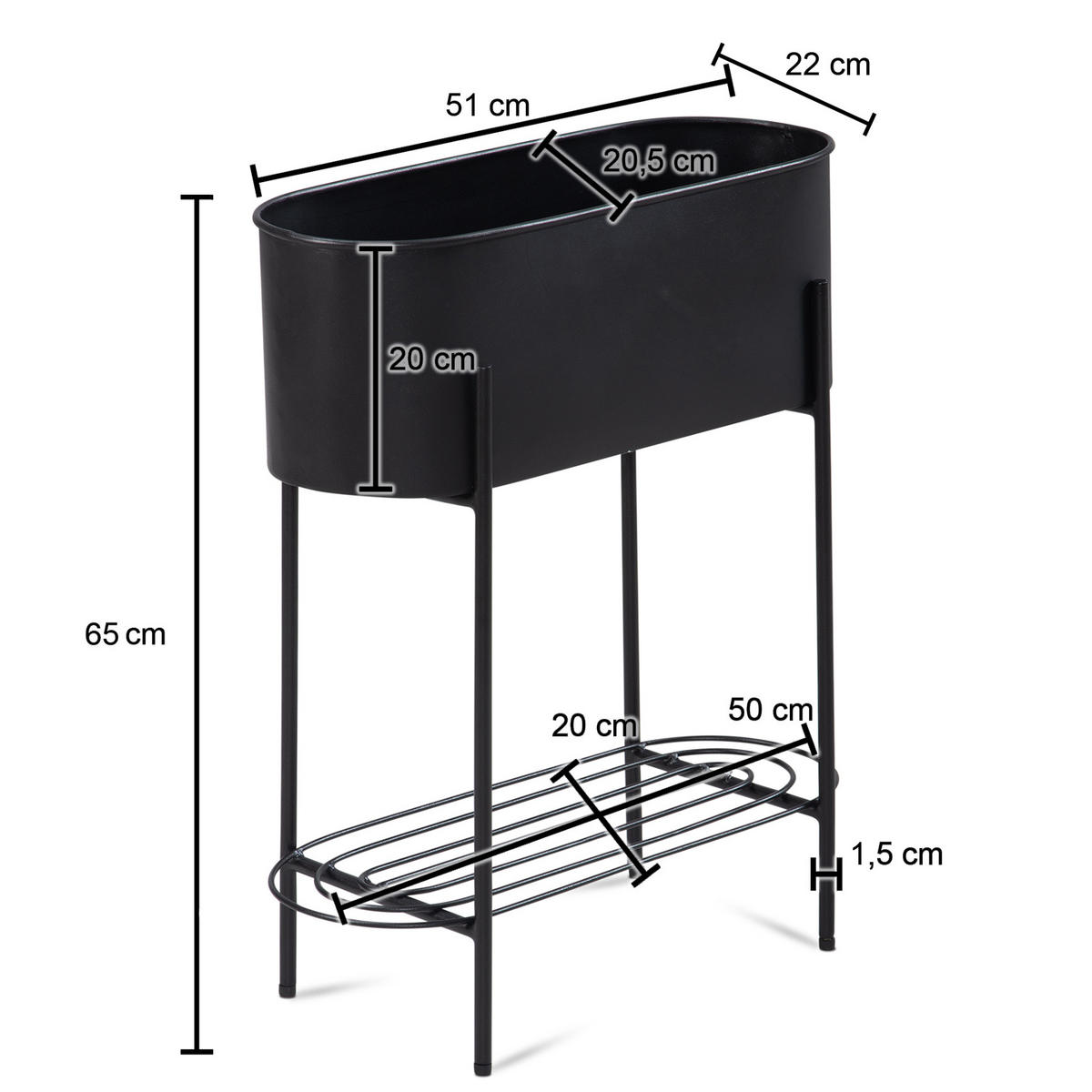 PFLANZKÜBEL Metall Schwarz 51x65x22 cm mit Gestell und Ablage rechteckig - Schwarz, Metall (65cm) - KADIMA DESIGN