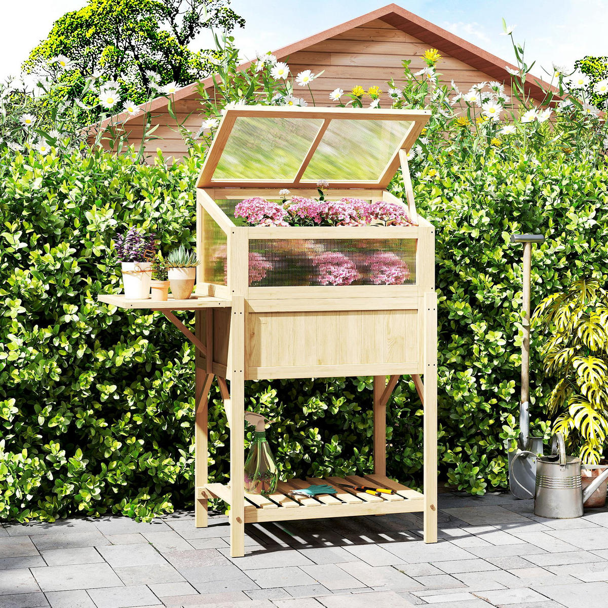 HOCHBEET DE-16052 mit Frühbeet & Klapptisch Naturholz - Naturfarben, Holzwerkstoff (104/120/50cm) - ComfortXL