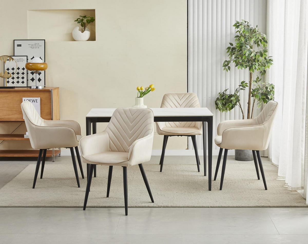 STUHL NEMI 6-er Set, Beige, Schwarz, mit Samtstoff gepolstert - Beige, Textil/Metall (54/84/61cm) - Komodee