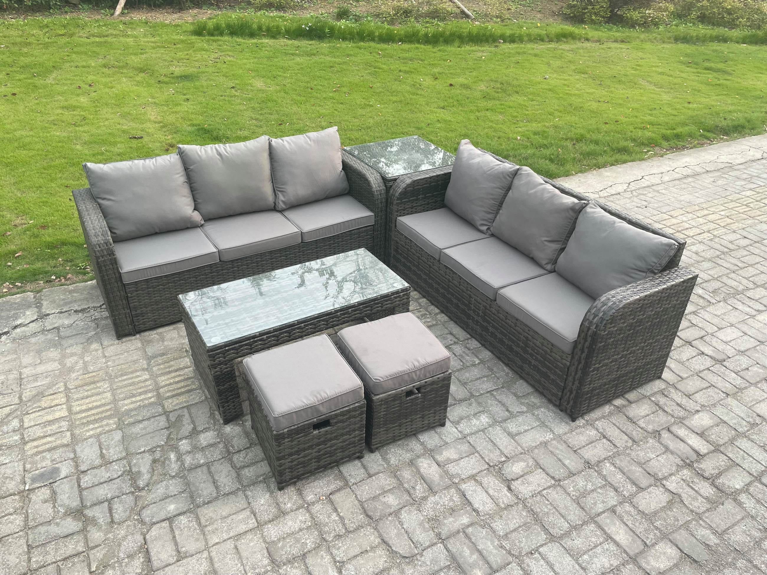GARTENSOFA SET mit COUCHTISCH Polyrattan 8-Sitzer - Dunkelgrau/Grau, Glas/Kunststoff - Fimous
