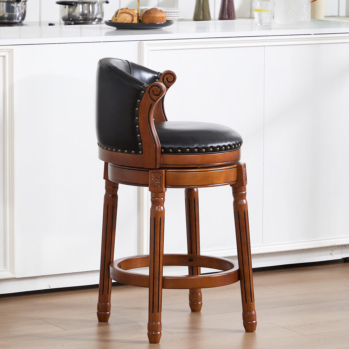BARHOCKER 1er-Set Schwarz mit Echtleder und Rückenlehne - Schwarz, Holz (54.8/96/54.8cm) - PANGIVO