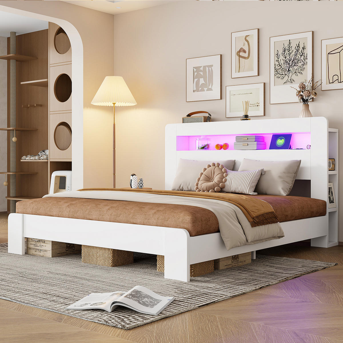 RAHMENBETT 180/200 cm in Weiß mit Stauraum, LED und Steckdosen - Weiß, Holz/Holzwerkstoff (180/200cm) - WISHDOR