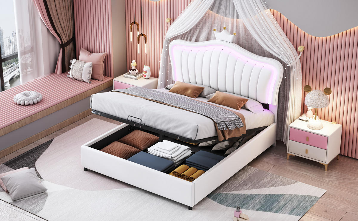 KINDERBETT 140x200 cm LED Krone weiß - Weiß, Textil (140/200cm) - LEBENLANG