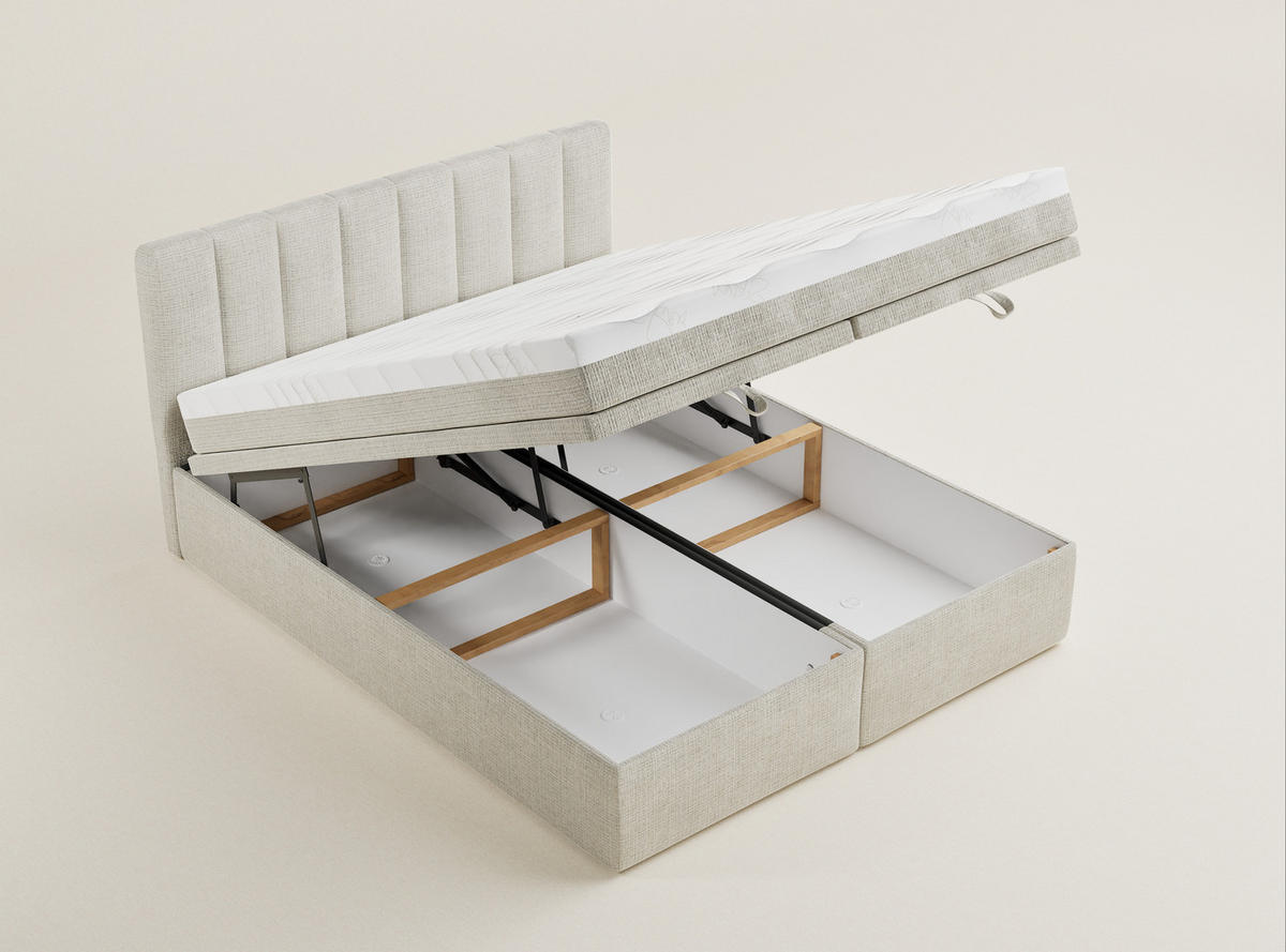 BOXBETT 180/200 cm Lovage S, in Beige, Matratze, gepolstertes Kopfteil, Bettkasten, H3 = fest - Beige/Schwarz, Holz/Holzwerkstoff (180/200cm) - Maison de Reve