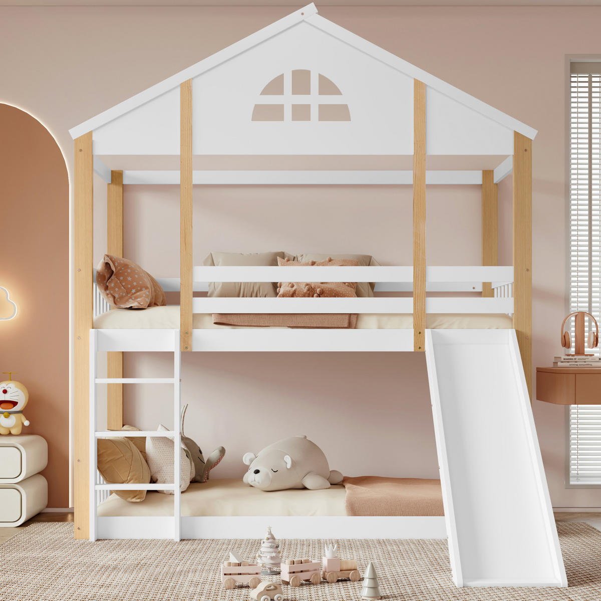 ETAGENBETT 90/200 cm mit Rutsche, Winkeltreppe, Fensterdesign und Hausrahmen aus Massivholz und MDF, Weiß/Natur - Weiß, Holz (90/200cm) - Redom