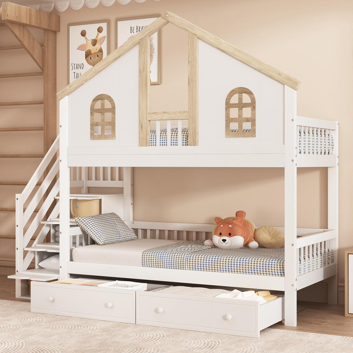 HAUSBETT 90x200cm mit Zwei Schublade in Weiß+Natur - Weiß, Holz (90/200cm) - KOMHTOM