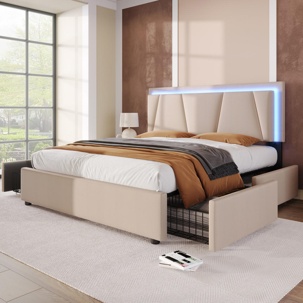POLSTERBETT aus Holz 140x200 cm in Beige mit LED-Beleuchtung & 4 Schubladen - Beige, Holzwerkstoff (140/200cm) - Modfu