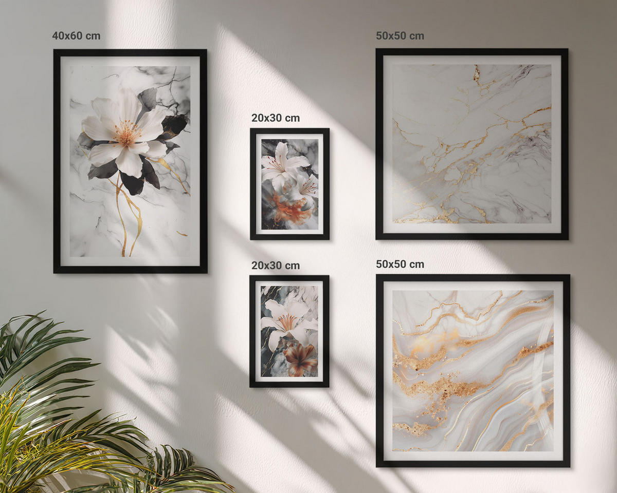 WANDBILDER 5er-Set - 50x50 cm & 20x30 cm & 40x60 cm Schwarzer Rahmen - Bilder mit blau-goldenen Mustern - Schwarz, Kunststoff (40/60cm) - ArtPrintCave