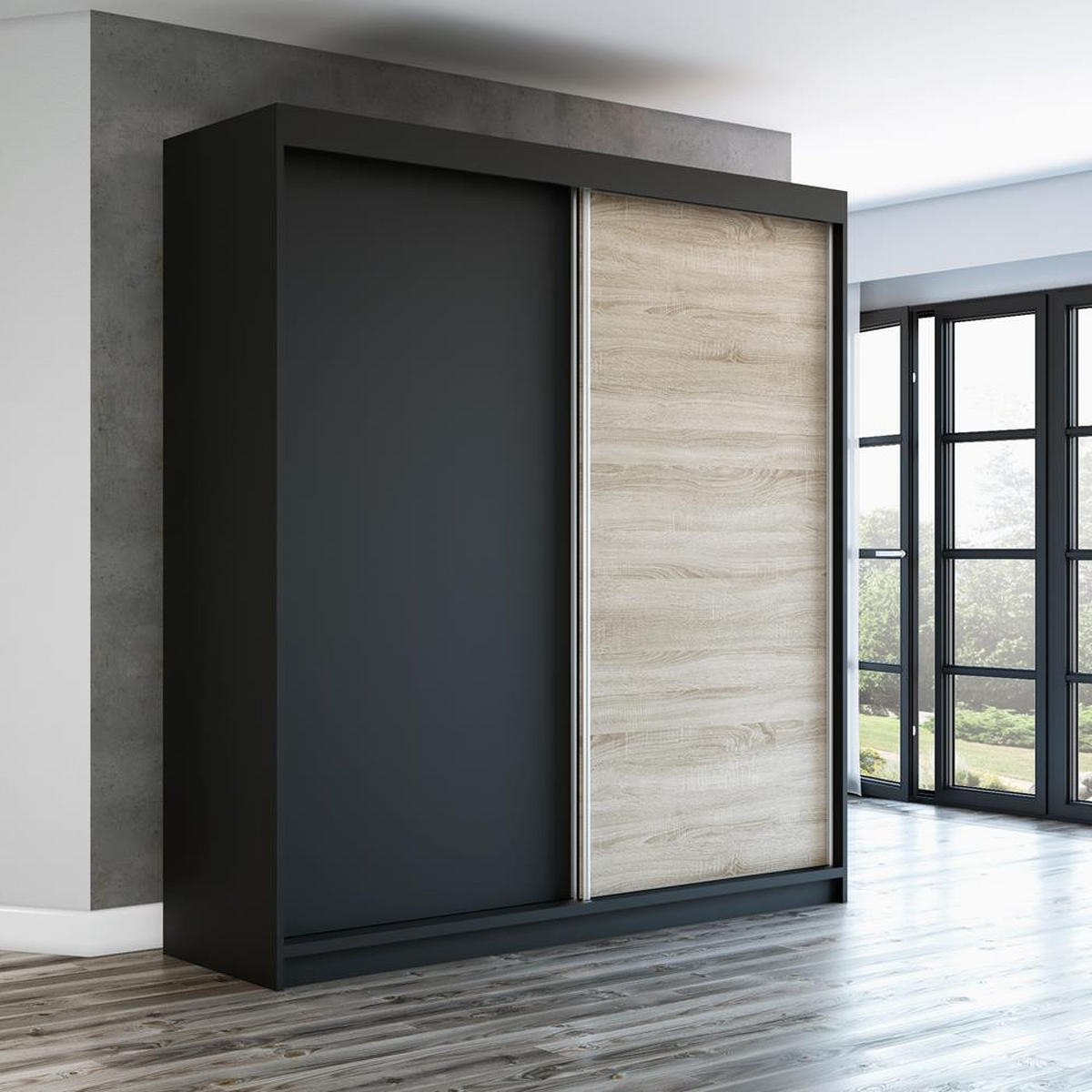 SCHWEBETÜRENSCHRANK 180 CM PAX Farbe: Schwarz / schwarz / sonoma - Schwarz/Braun, Holzwerkstoff (180/215/59.5cm) - A&J MöbelLand