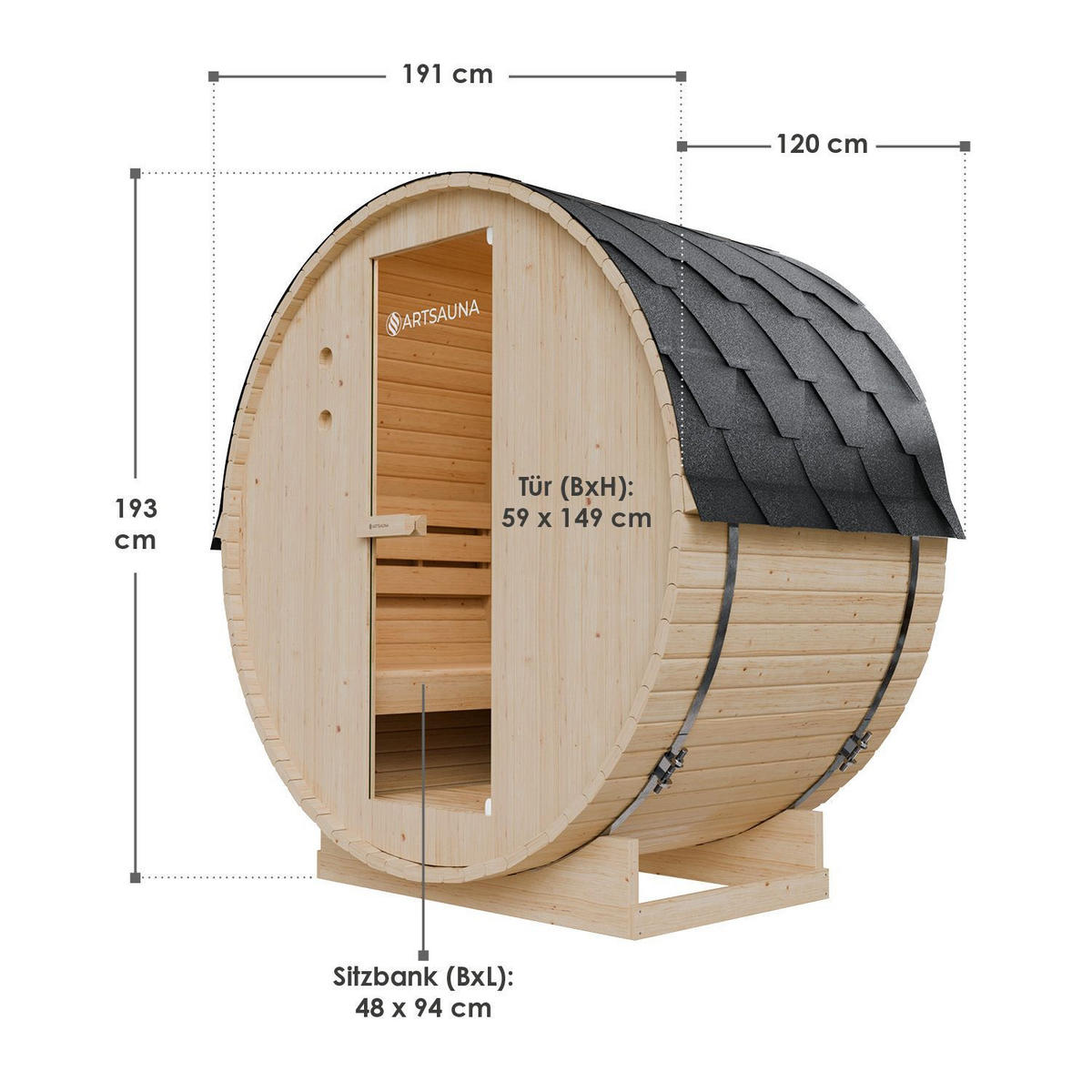 FASSSAUNA Spitzbergen 120 cm mit 3,6 kW Saunaofen (2 Personen) - Naturfarben, Holz (191/193/120cm) - Artsauna