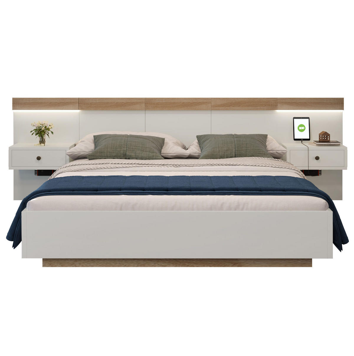 POLSTERBETT aus Holzwerkstoff 180x200 cm in Weiß mit USB/Typ-C & LED-Nachtkommoden - Weiß, Holzwerkstoff (180/200cm) - Modfu