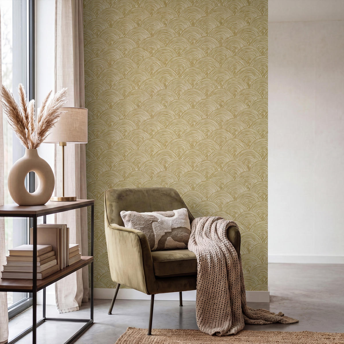 TAPETE - Fächer - Geometrisch - Grün - 140x220 cm - Goldfarben, Papier (140/220cm) - OnlyWow