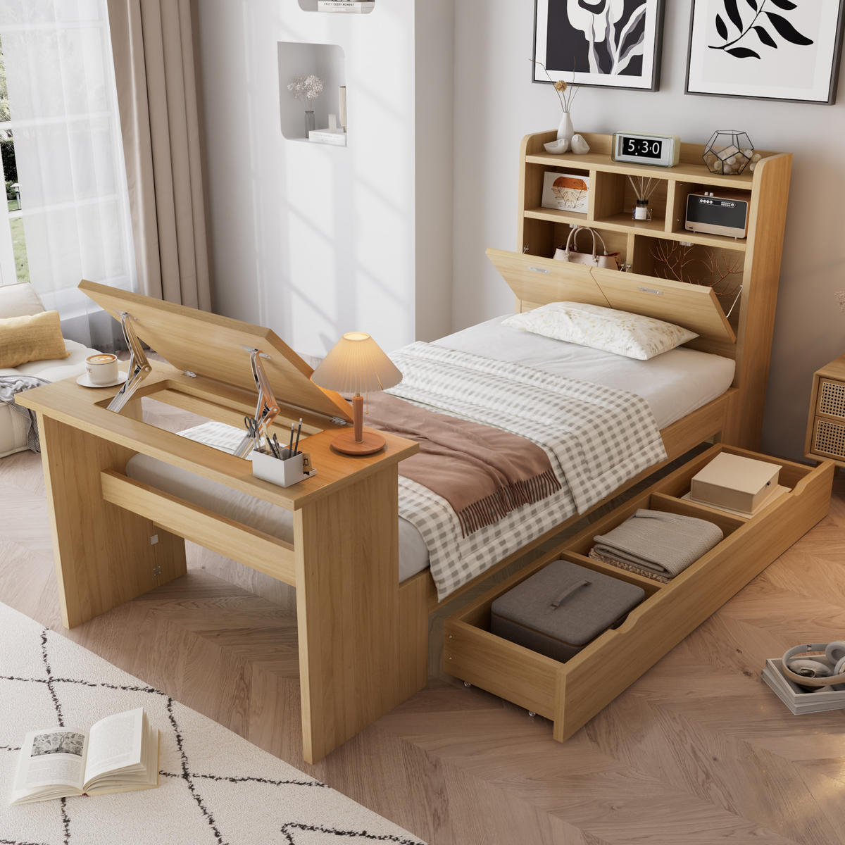 BETT mit Stauraum 90x200 cm Holzoptik Natural - Naturfarben, Holz (90/200cm) - Meubliv