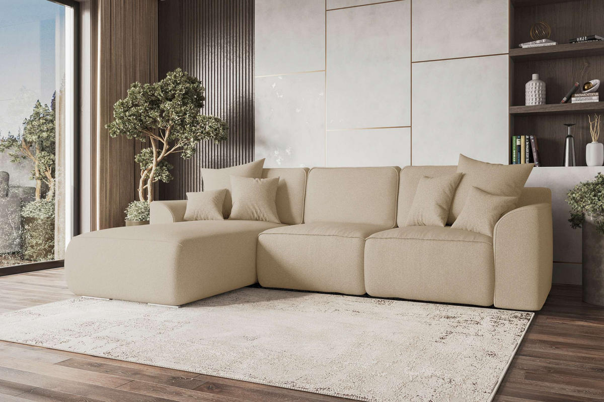 ECKSOFA GUSTO Strukturstoff Beige Links inkl. Schlaffunktion - Chromfarben/Beige, Kunststoff/Textil (194/295cm) - 99rooms