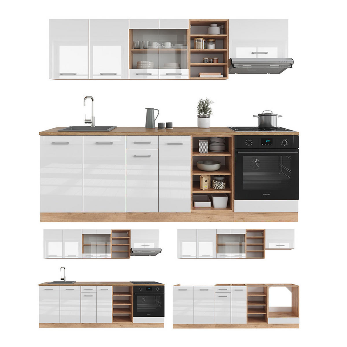 KÜCHENZEILE R-Line Weiß Hochglanz/Goldkraft Eiche 240 cm, AP Anthrazit - Weiß Hochglanz/Eiche Wotan, Holzwerkstoff (240/81.6/60cm) - Vicco