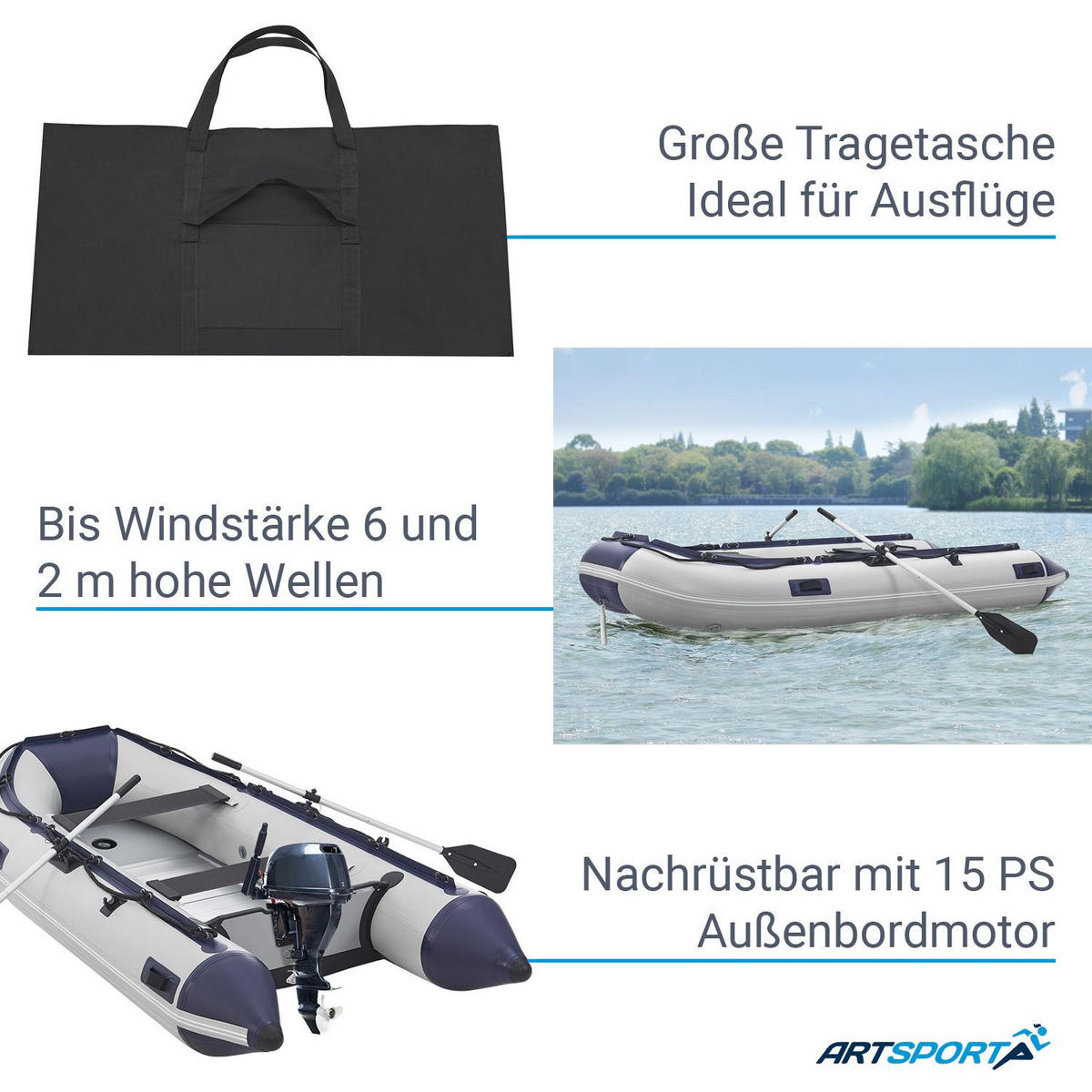 SCHLAUCHBOOT Paddelboot 3,20 m inkl. Tasche & Reparaturset - Grau, Kunststoff (320/155/70cm) - Artsport