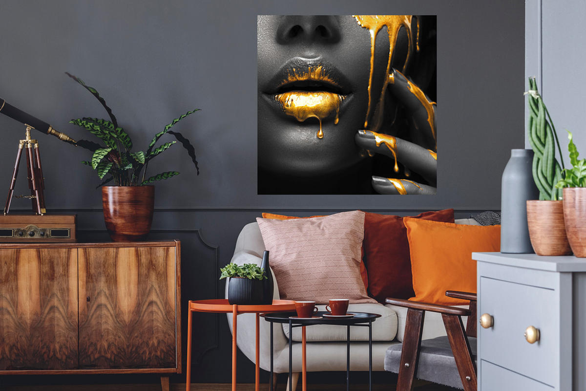 WANDTATTOO Frau - Schwarz - Gold - Gesicht - Lippen 50x50 cm - Goldfarben, Kunststoff (50/50/0.1cm) - MuchoWow