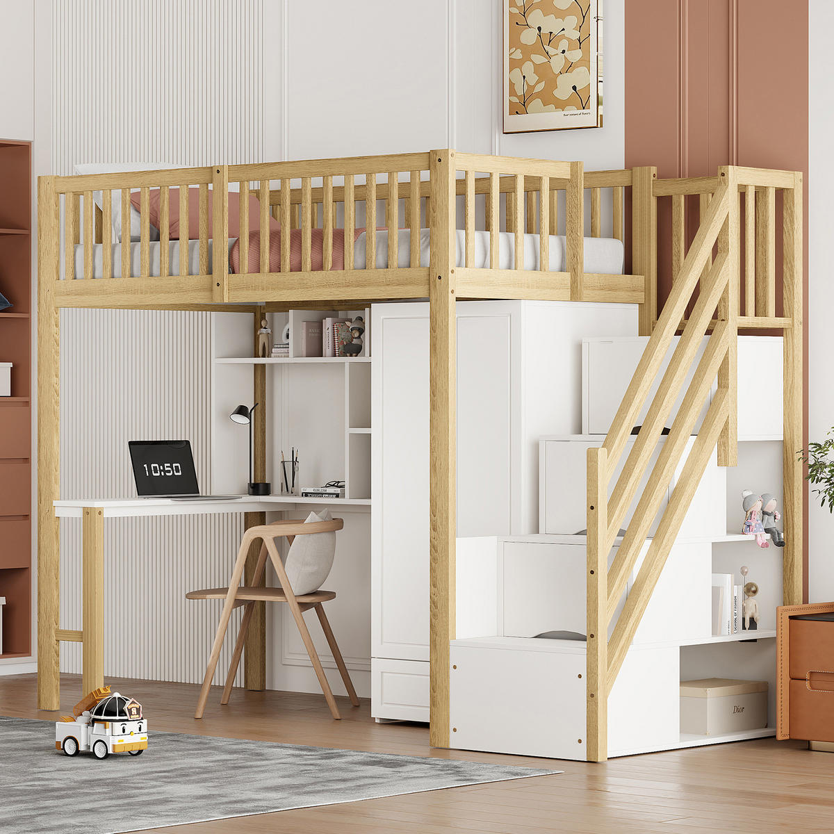 HOCHBETT 90/200 cm mit Kleiderschrank, Schreibtisch und Stauraumtreppe - Naturfarben, Holz (90/200cm) - Flora Grace