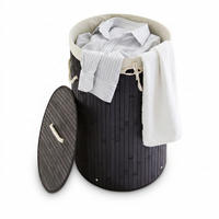 KOŠ ZA PERILO črna bambus okrogel s pokrovom zložljiv 70 l - črna, tekstil/les (41/65/41cm) - Relaxdays