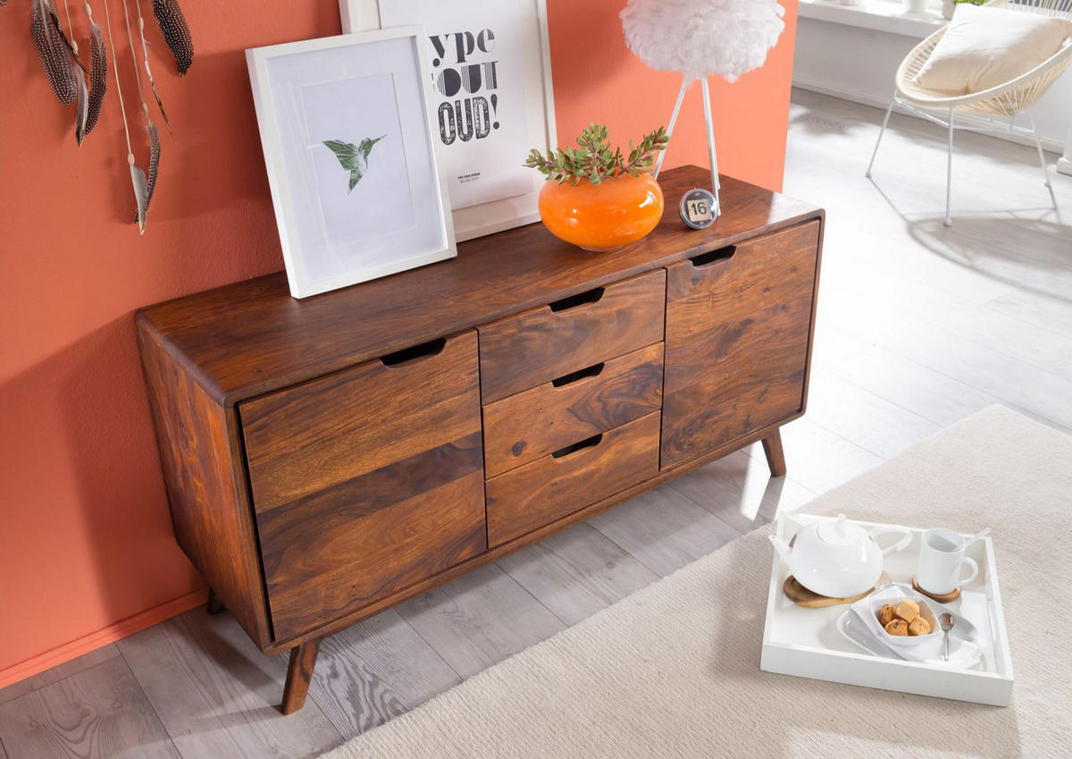 SIDEBOARD Sheesham 134x40x65 walnuss gewachst MALMÖ 2 #107 - Dunkelbraun, Holz (134/65/40cm) - Massivmoebel24