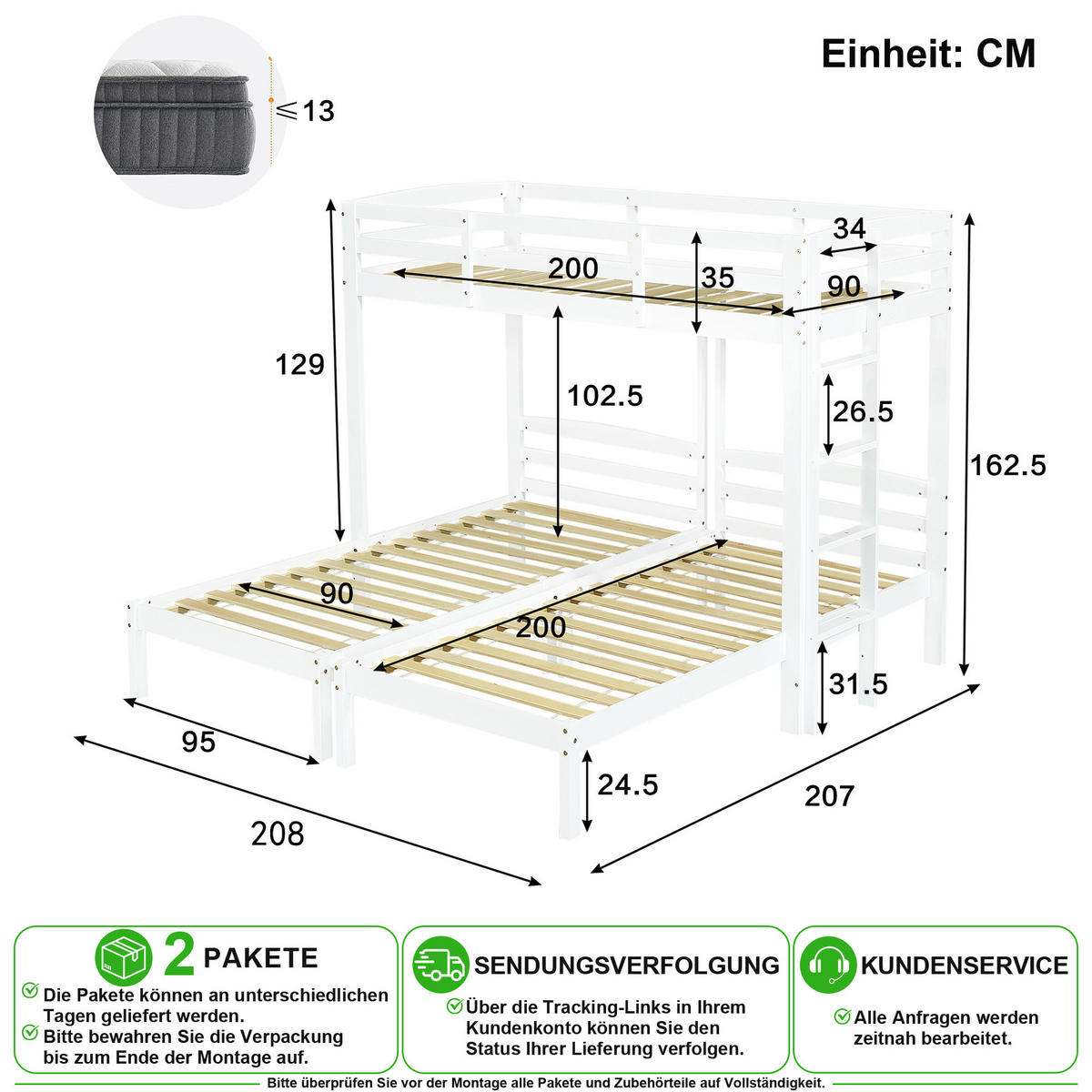 ETAGENBETT 90/200 cm in Weiß mit Seitenleiter aus Massivholz - Weiß, Holz/Holzwerkstoff (90/200cm) - CHICFURN