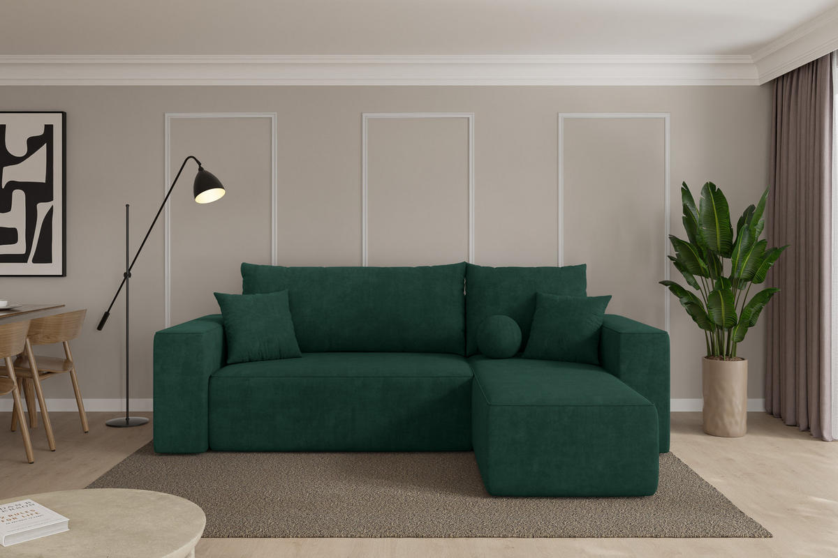 ROHOVÁ SEDAČKA s funkcí spaní, otoman vpravo SENO-L 249x139x85 zelená velur - černá/zelená barva, kompozitní dřevo/textil (249/139cm) - ALTDECOR
