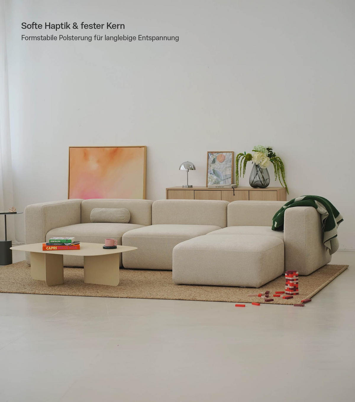 SOFA modular Cubo 4-Sitzer inkl. Hocker - Beige, Textil (314/201cm) - Mokebo