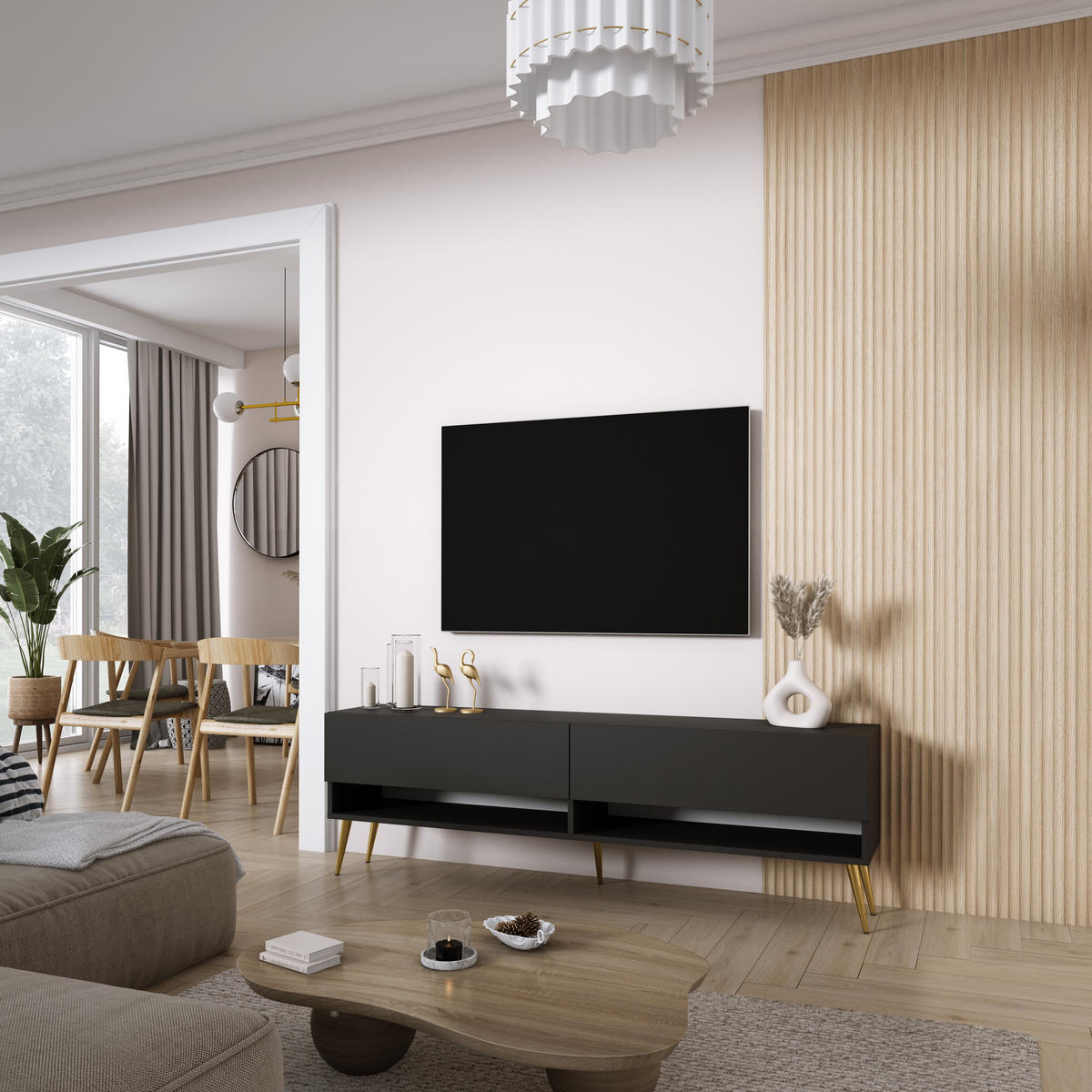TV-LOWBOARD 170 cm Mattschwarz, goldene schräge Beine, 170 × 32 × 52 cm - Schwarz, Holzwerkstoff (170/52/32cm) - 3XE LIVING