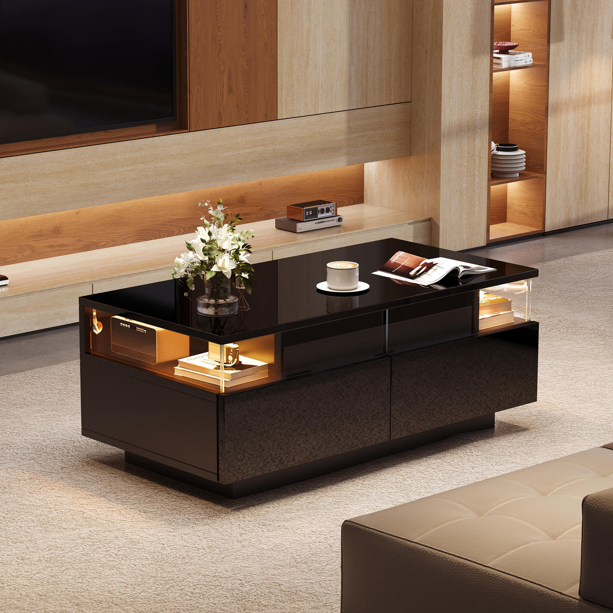 COUCHTISCH 90x45cm Schwarz Hochglanz LED 2 Schubladen Tablett Sicherheitsglas - Schwarz, Holz (106.05/49/13.97cm) - FLIEKS