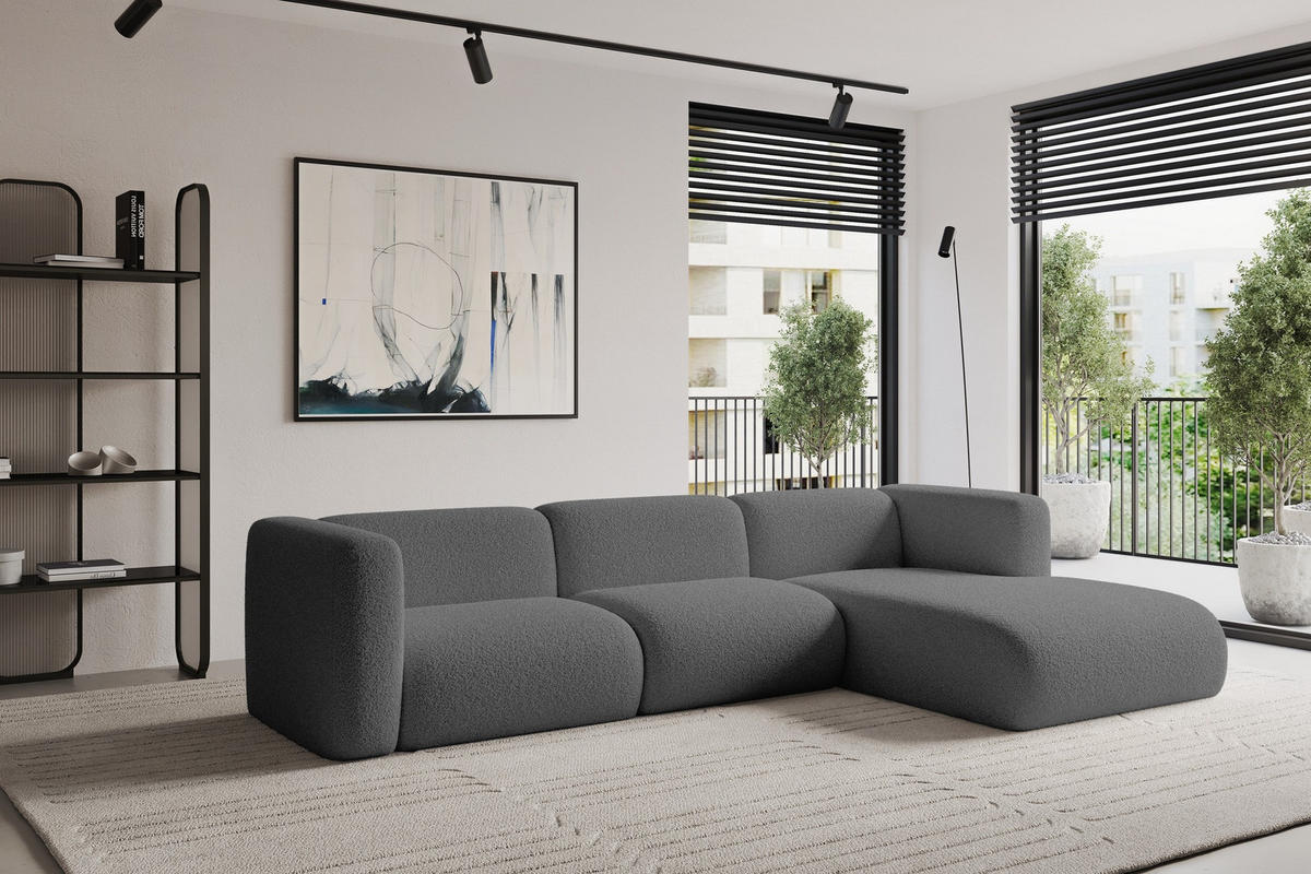 ECKSOFA Ottomane Rechts MIRA-L1 227x179x89 Grau Bouclé - Platinfarben/Schwarz, Holzwerkstoff/Kunststoff (227/179cm) - ALTDECOR