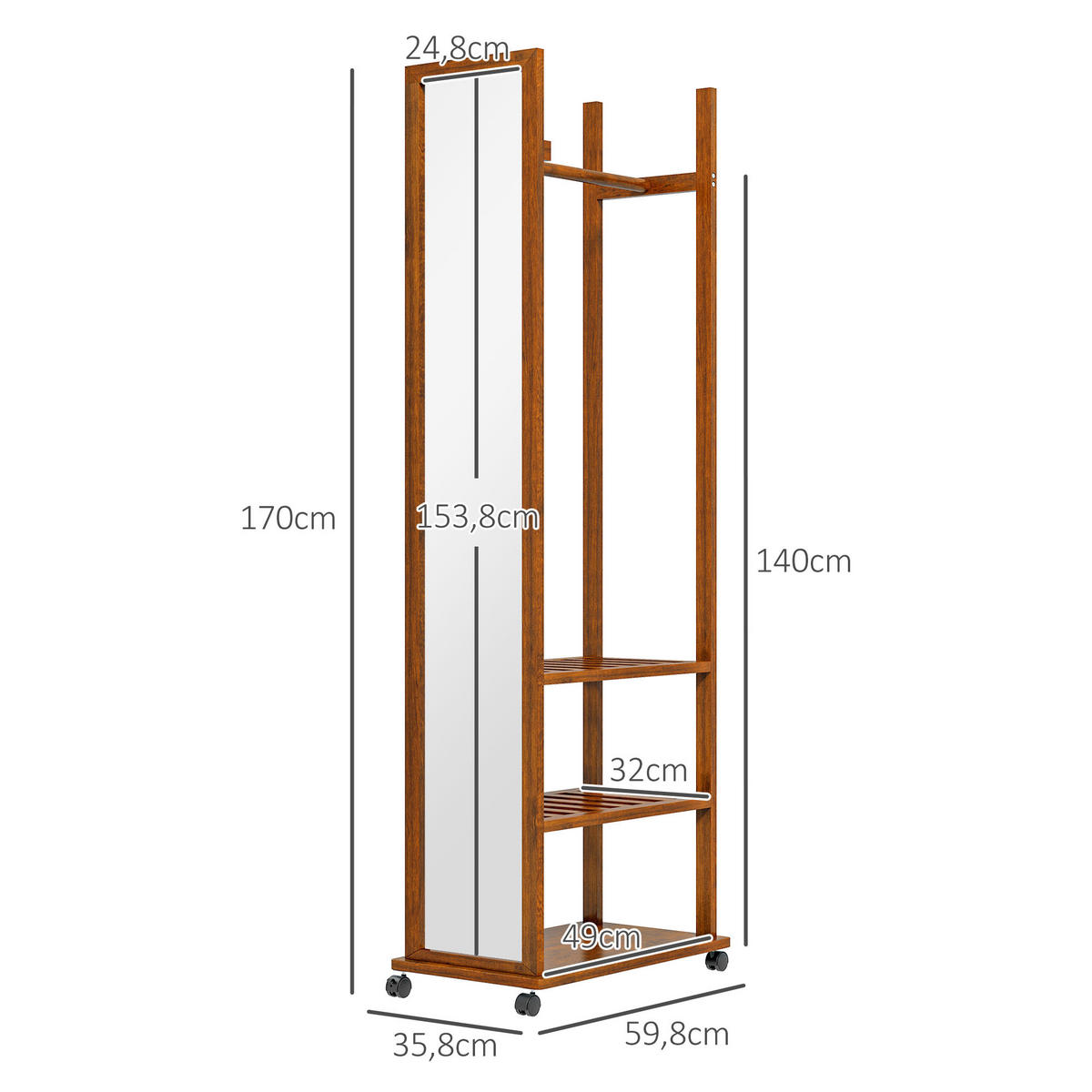 STANDSPIEGEL mit Ständer, 24,8 x 153,8 cm, mit 3 Ebenen, Kleiderstang - Naturfarben, Glas (59.8/170/35.8cm) - HOMCOM