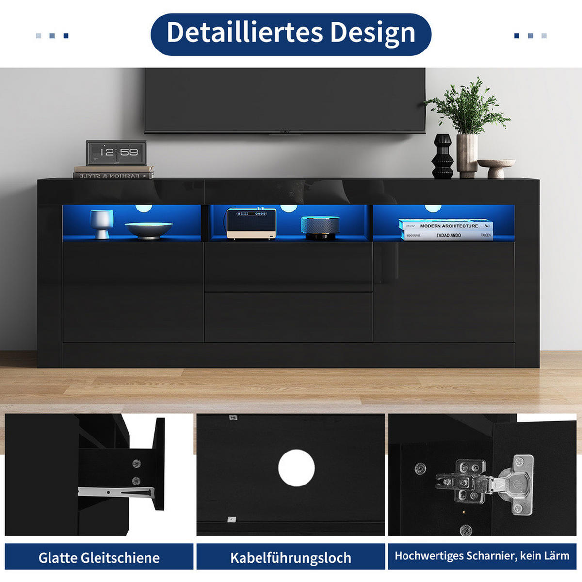 TV-SCHRANK 160x35cm Hochglanz LED-Beleuchtung 3 Fächer 2 Türen 2 Schubladen - Schwarz, Holz (44/22.5/70cm) - FLIEKS
