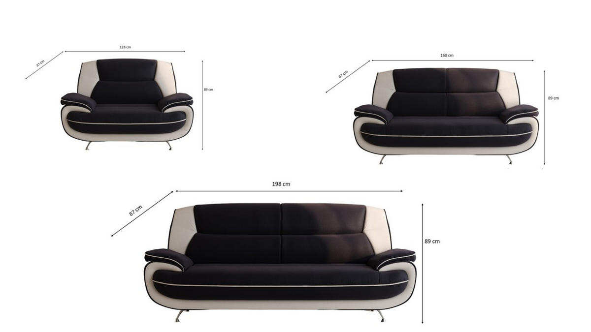 SOFAGARNITUR 3+2+1, Stoff Soft, Schwarz + Weiß, Palermo - Schwarz, Holz (198/89/87cm) - Kaiser Möbel