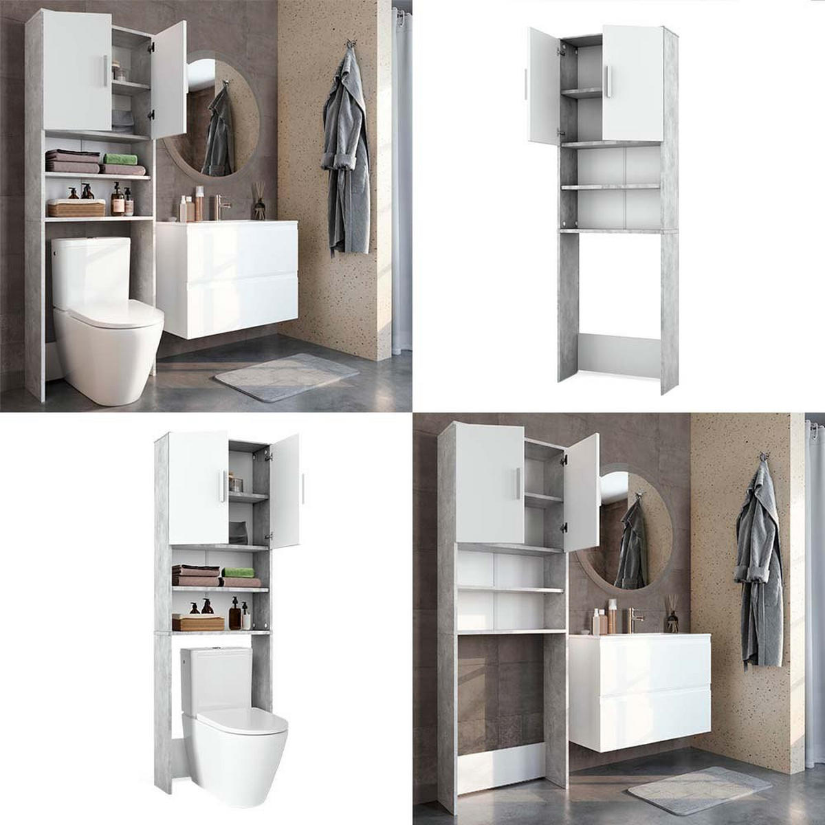 TOILETTENSCHRANK Beton/Weiß 64 x 190 cm mit 2 Türen - Weiß/Grau, Holzwerkstoff (64/190/26cm) - Vicco