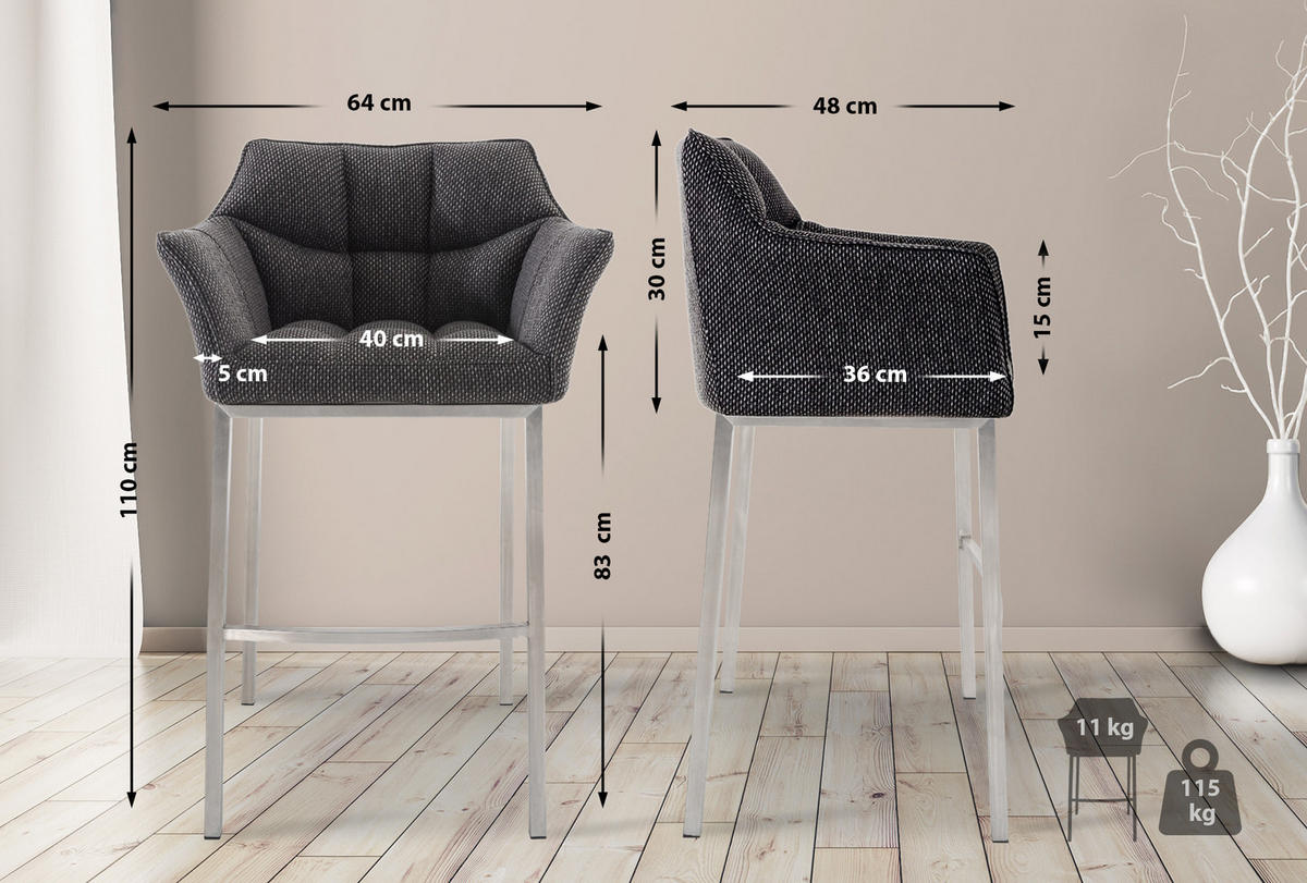 BARHOCKER 2er Set Stoff titangrau - Edelstahlfarben/Graubraun, Textil/Metall (64/110/48cm) - CLP