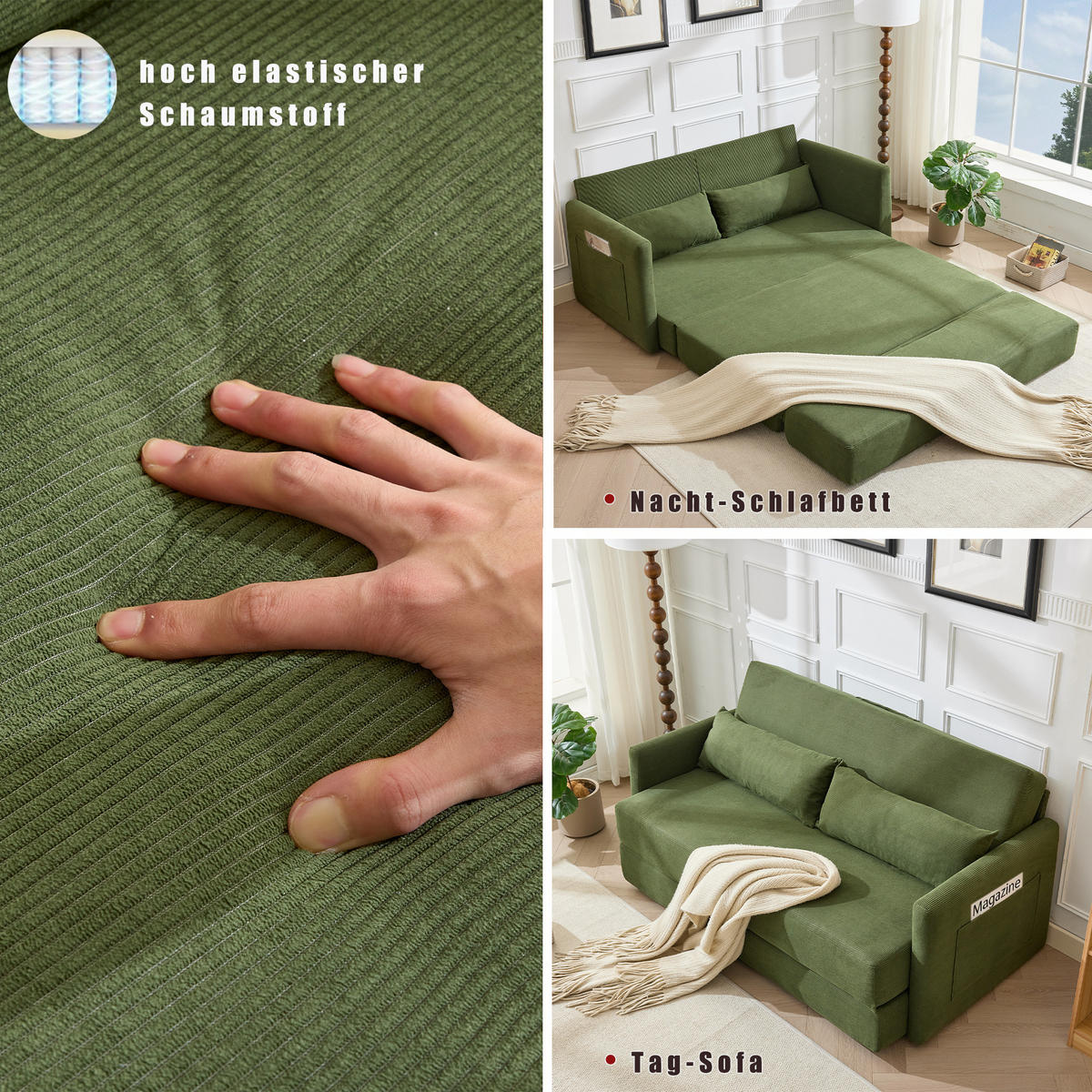 2-SITZER SCHLAFSOFA Cord Grün mit Kissen und Magazintaschen - Grün, Holzwerkstoff/Textil (165/67/212cm) - WISHDOR