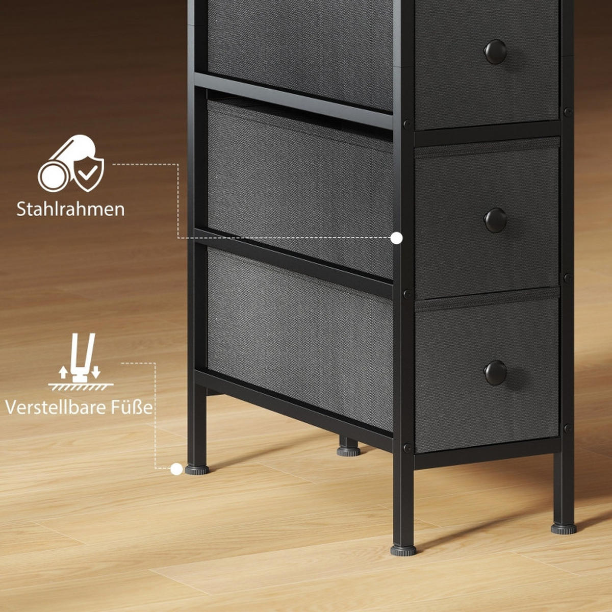 KOMMODE DE-38040 4 Vliesstoffschubladen mit Stahlrahmen Schwarz - Schwarz, Holzwerkstoff (43/81.5/20cm) - ComfortXL